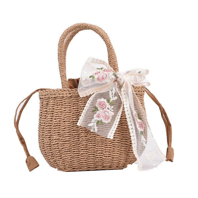 Elegant Bow Decor Woven Straw Tote Bag, Top Handle Beach Bag