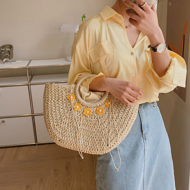 Flower Decor Large Capacity Shell Straw Bag