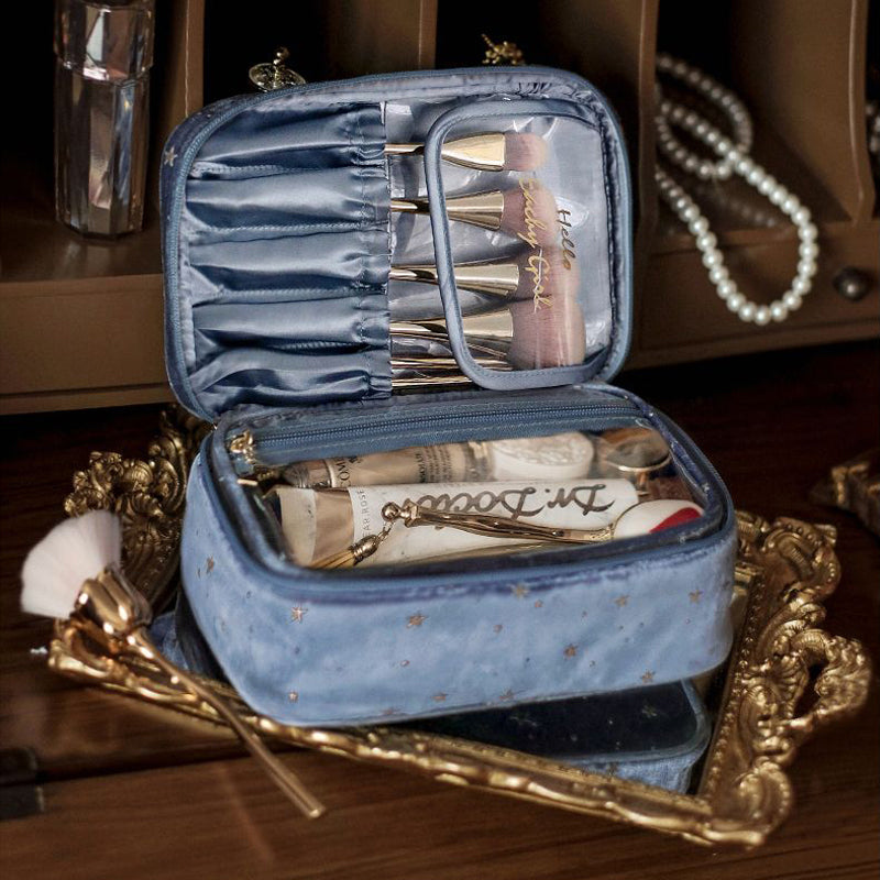 Large Capacity Velvet Cosmetic Bag With Transparent Toiletry Bag