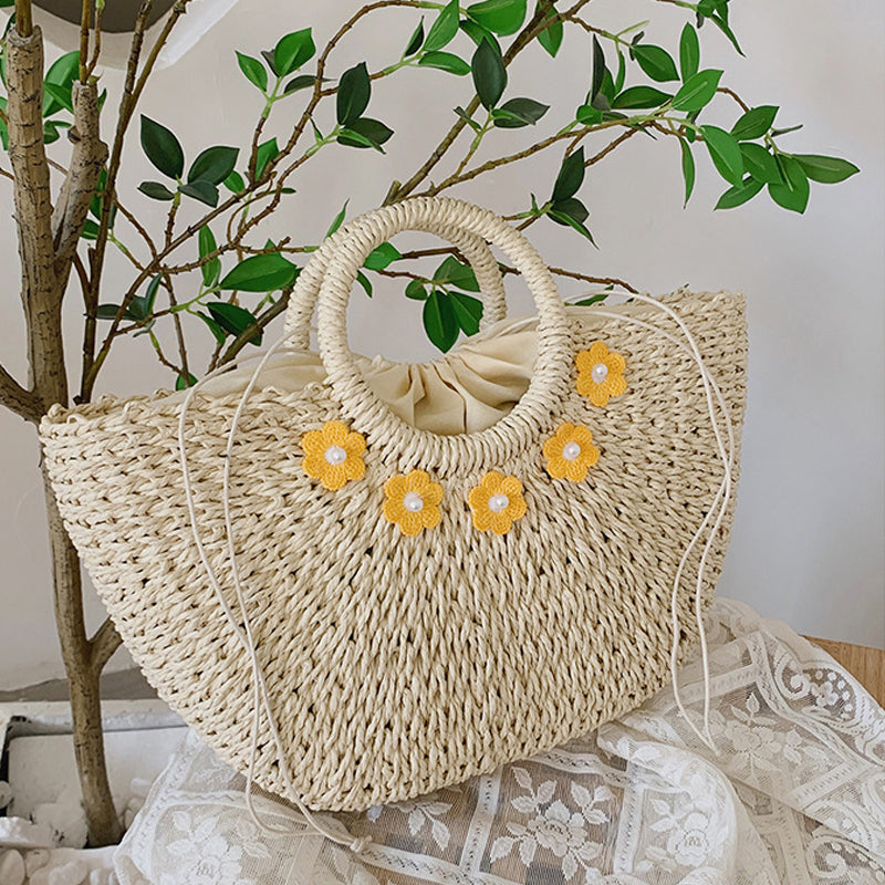 Flower Decor Large Capacity Shell Straw Bag