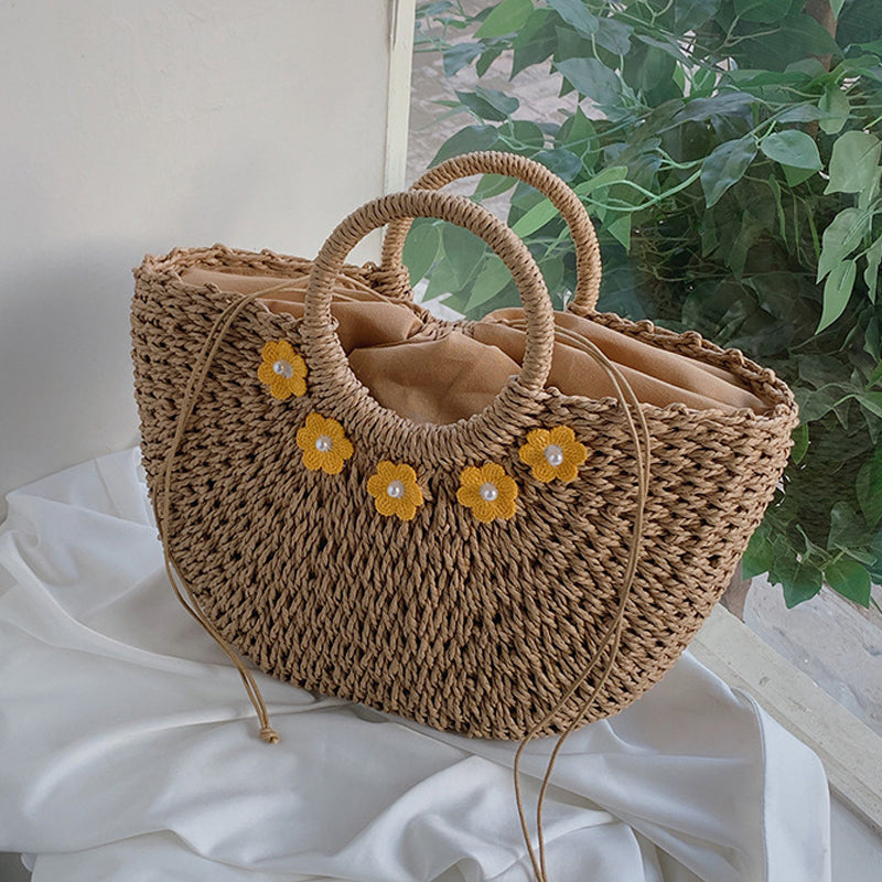 Flower Decor Large Capacity Shell Straw Bag