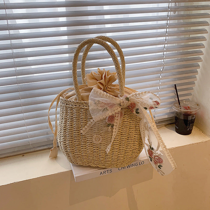 Elegant Bow Decor Woven Straw Tote Bag, Top Handle Beach Bag