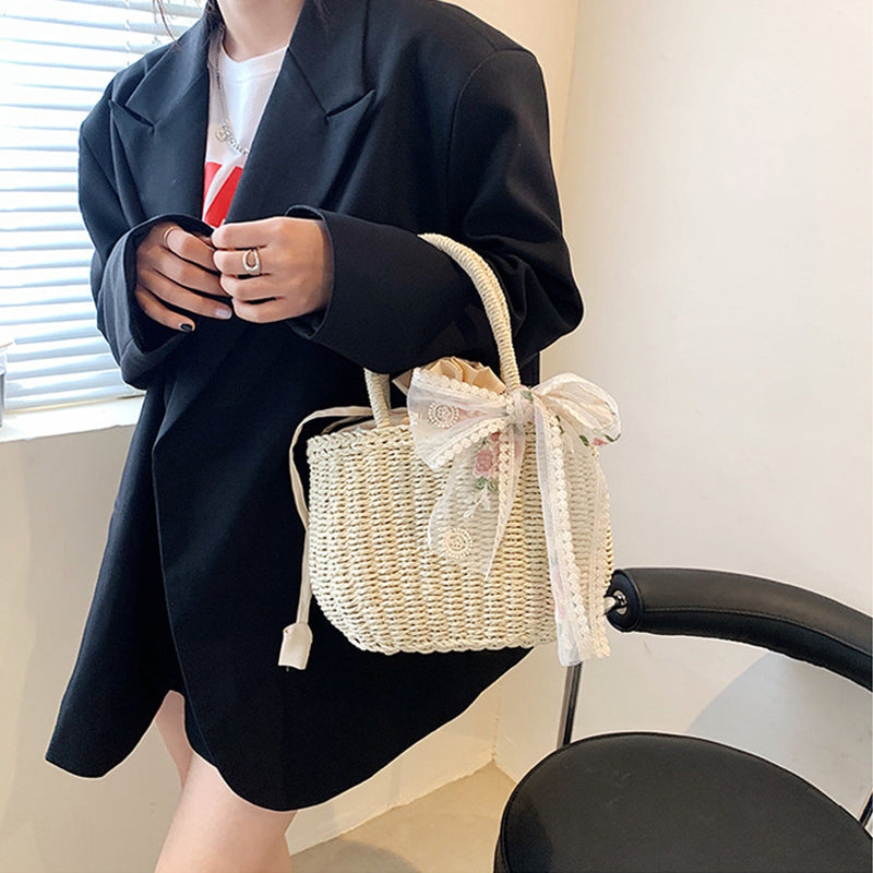 Elegant Bow Decor Woven Straw Tote Bag, Top Handle Beach Bag