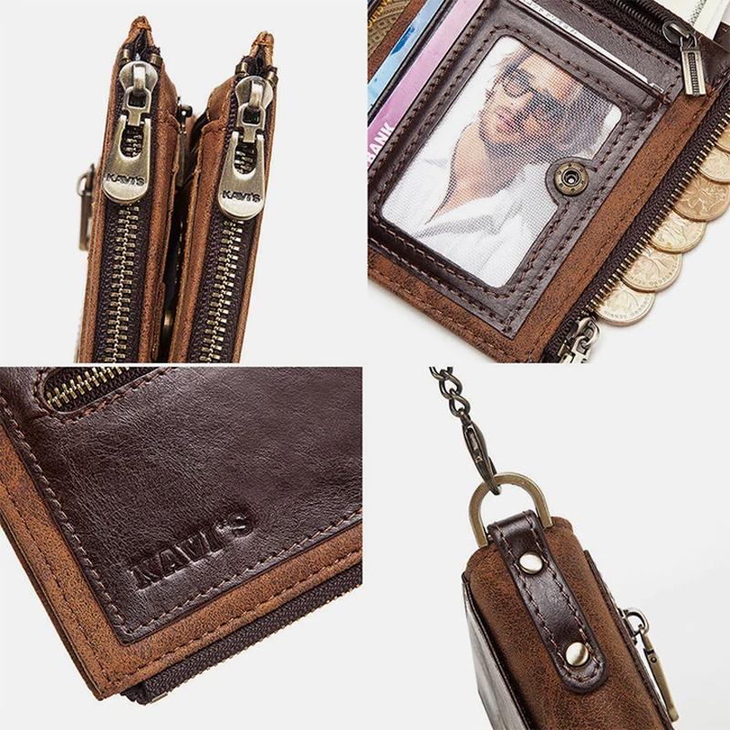 Men's Bifold Genuine Leather Wallet with Chain, Card Holder Purse with Zip Coin Pocket