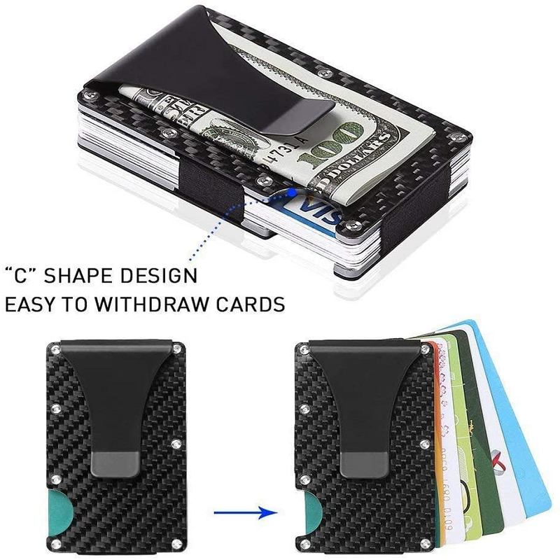 Slim Carbon Fiber RFID Credit Card Holder, Metal Credit Pocket Wallet with Money Clip