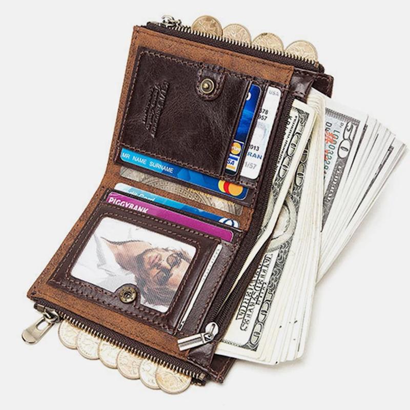 Men's Bifold Genuine Leather Wallet with Chain, Card Holder Purse with Zip Coin Pocket