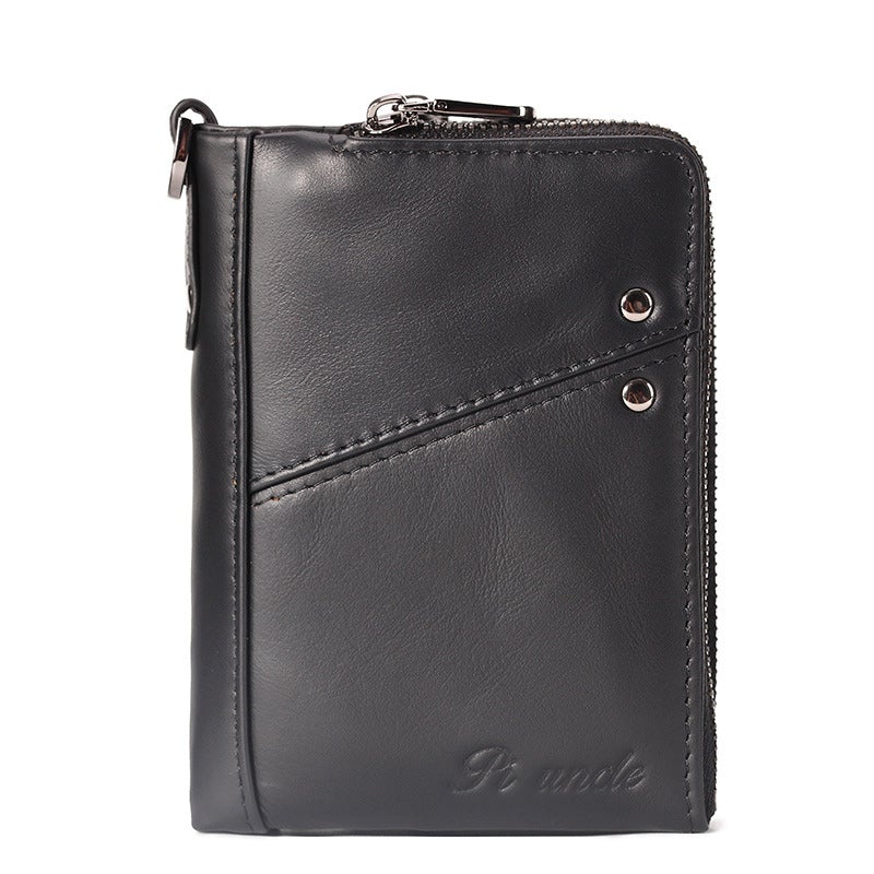 Genuine Leather Men's RFID Multi-Slot Short Wallet, Zipper Walet With Card Holders