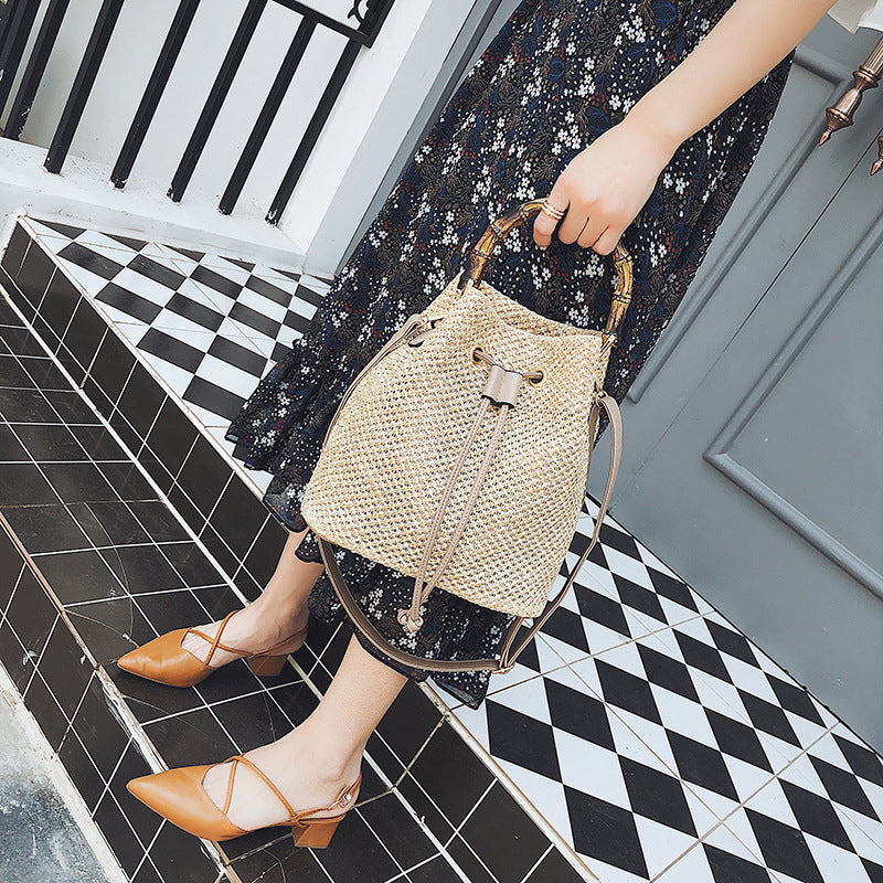 Women's Summer Rattan Straw Bucket Bag