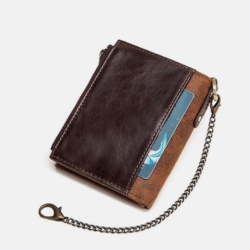 Men's Bifold Genuine Leather Wallet with Chain, Card Holder Purse with Zip Coin Pocket