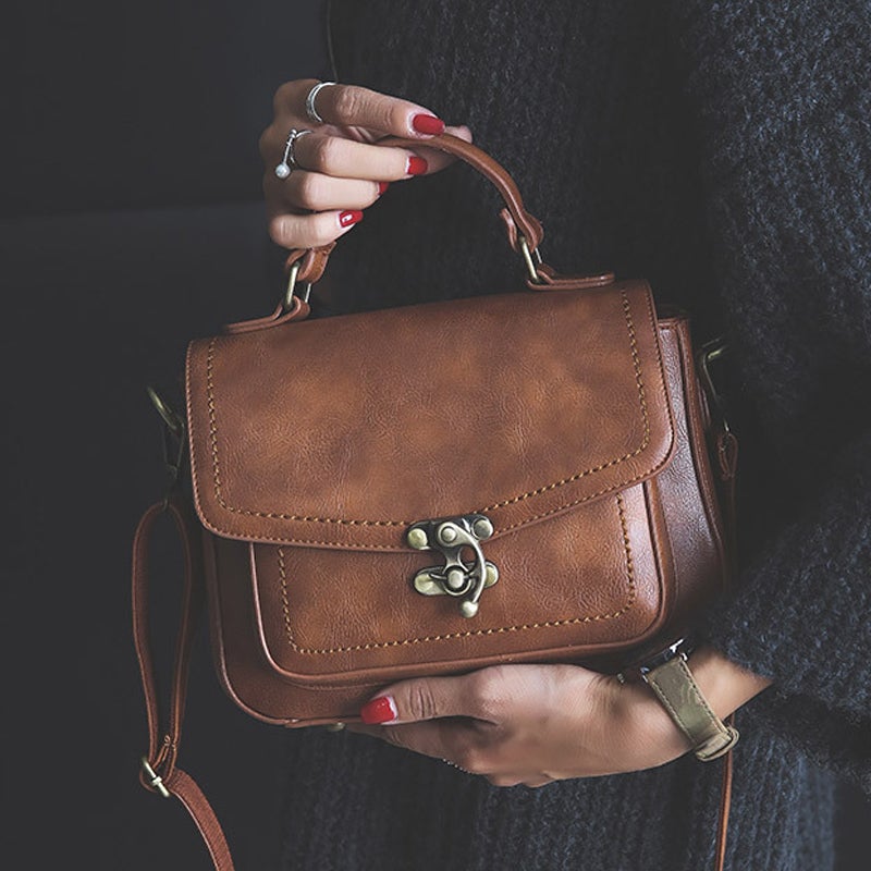 Vintage Unique Buckle Washed Leather Bag