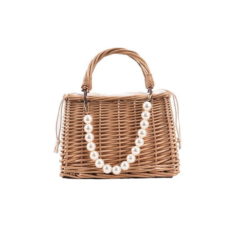 Womens's Faux Pearl Handle Straw Square Tote Bag, Vintage Rattan Woven Handag