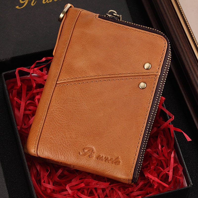 Genuine Leather Men's RFID Multi-Slot Short Wallet, Zipper Walet With Card Holders