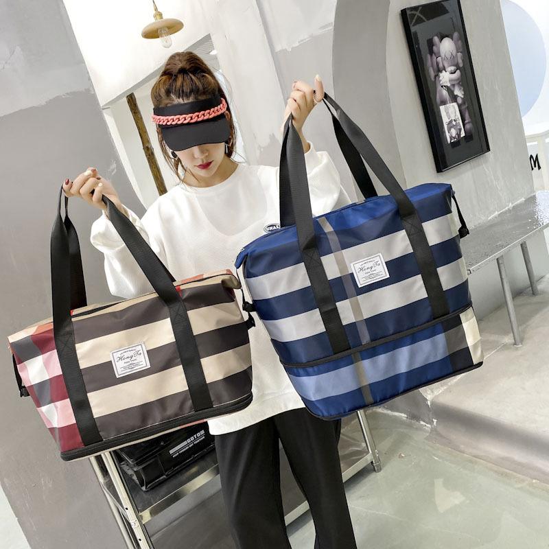 Large Women Weekender Nylon striped Bag, Travel Duffel Tote Bag