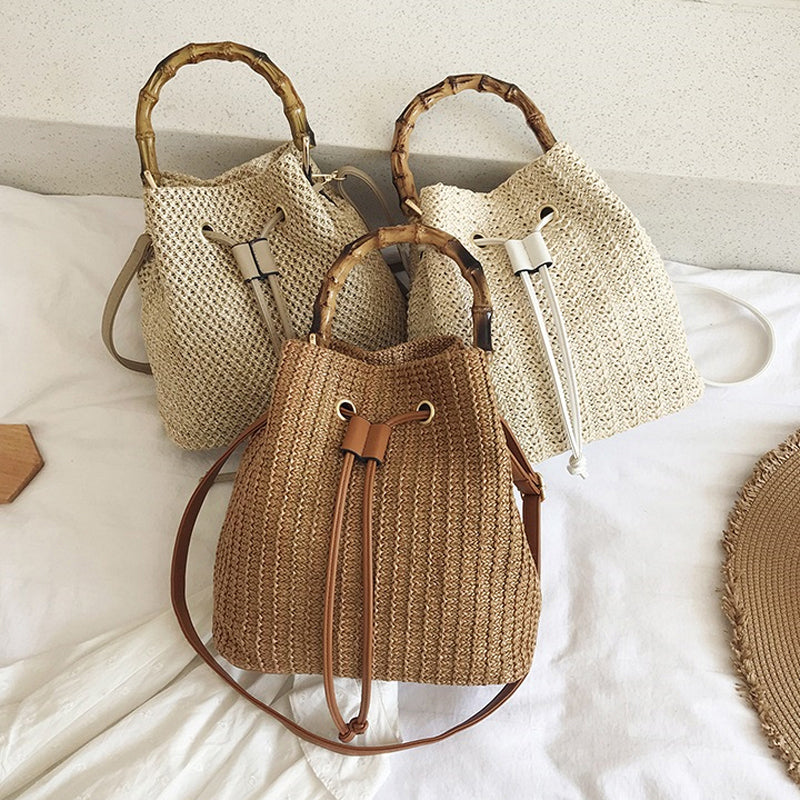 Women's Summer Rattan Straw Bucket Bag