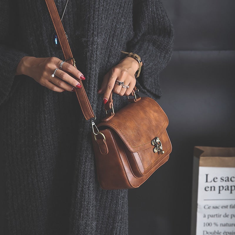 Vintage Unique Buckle Washed Leather Bag