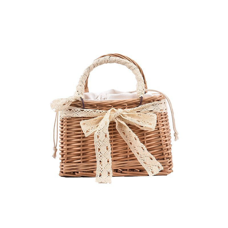 Womens's Faux Pearl Handle Straw Square Tote Bag, Vintage Rattan Woven Handag