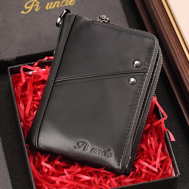 Genuine Leather Men's RFID Multi-Slot Short Wallet, Zipper Walet With Card Holders