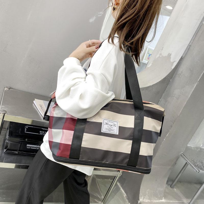 Large Women Weekender Nylon striped Bag, Travel Duffel Tote Bag