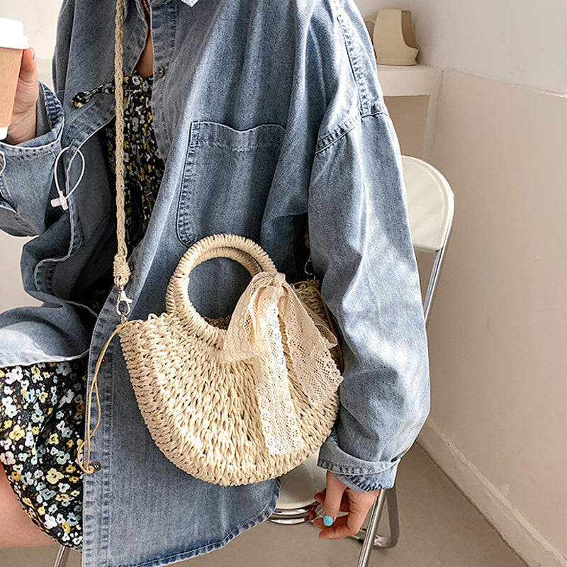 Women Moon Shape Lace Bow Rattan Shoulder Bag, Hand-Woven Beach Handbag