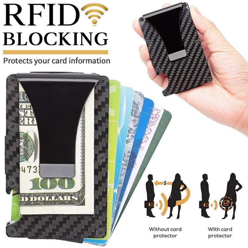 Slim Carbon Fiber RFID Credit Card Holder, Metal Credit Pocket Wallet with Money Clip