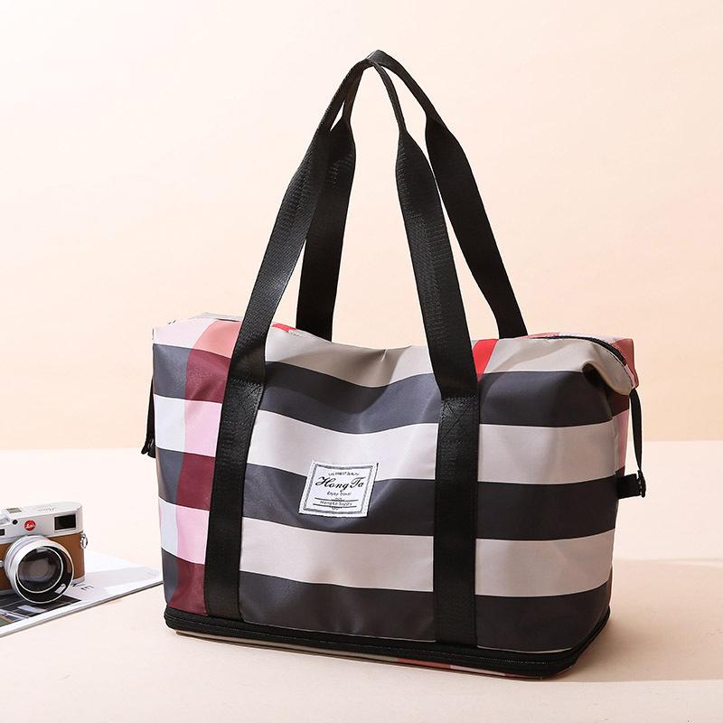 Large Women Weekender Nylon striped Bag, Travel Duffel Tote Bag