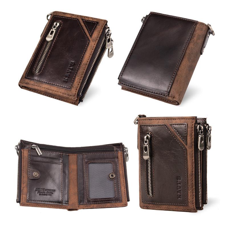 Men's Bifold Genuine Leather Wallet with Chain, Card Holder Purse with Zip Coin Pocket