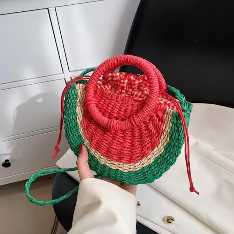 Summer Cute Watermelon Shape Straw Bag, Shell Woven Shoulder Bag for Seaside Holiday