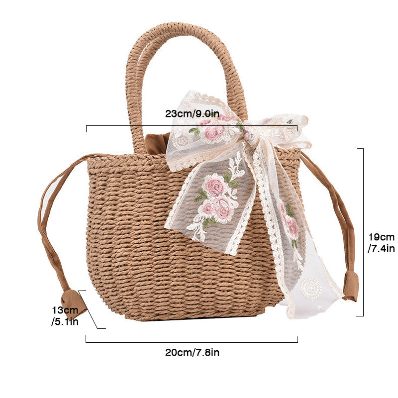 Elegant Bow Decor Woven Straw Tote Bag, Top Handle Beach Bag