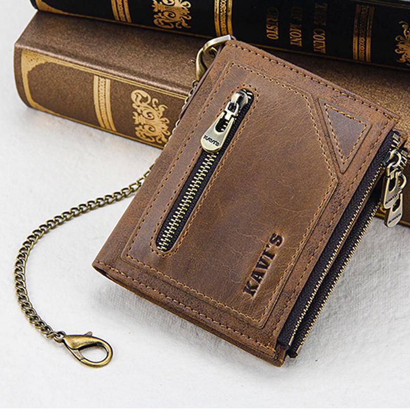 Men's Bifold Genuine Leather Wallet with Chain, Card Holder Purse with Zip Coin Pocket