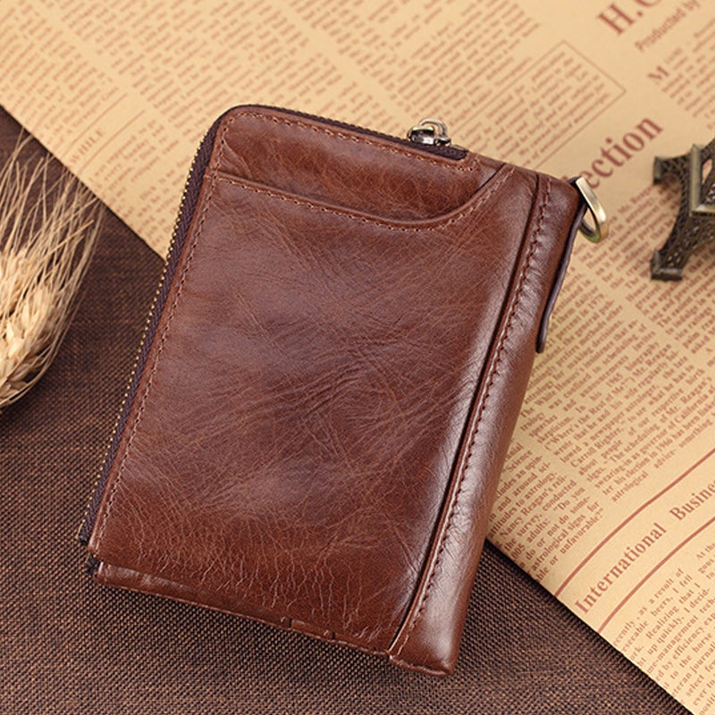 Genuine Leather Men's RFID Multi-Slot Short Wallet, Zipper Walet With Card Holders