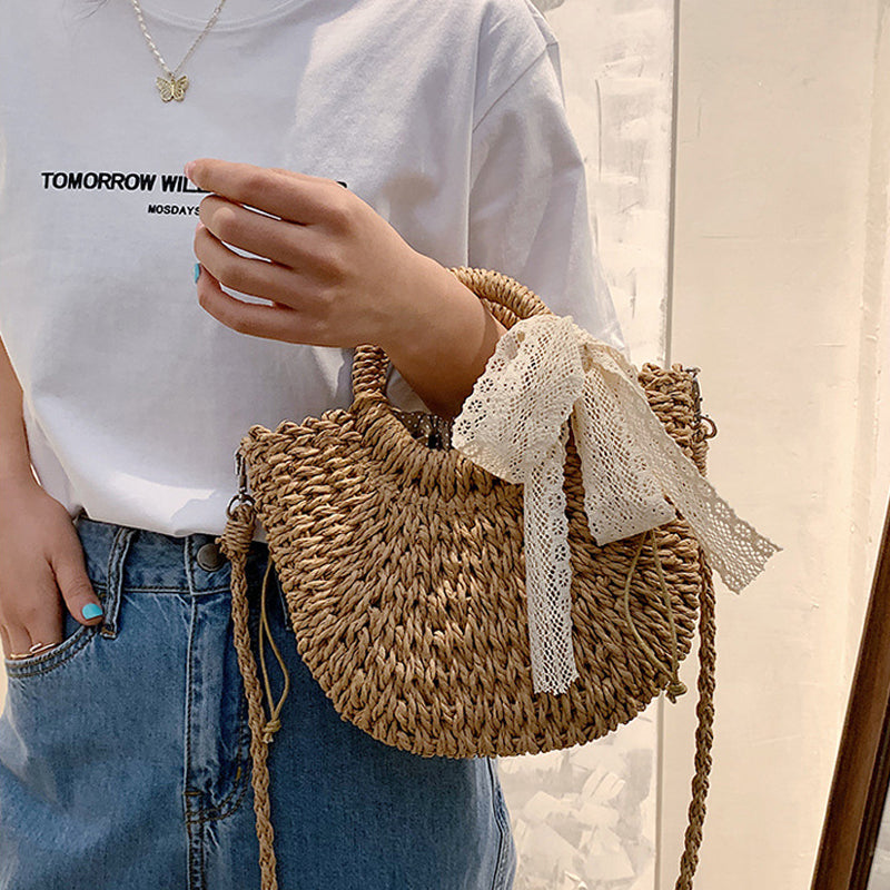 Women Moon Shape Lace Bow Rattan Shoulder Bag, Hand-Woven Beach Handbag