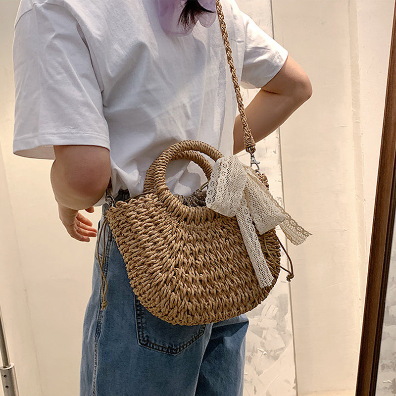 Women Moon Shape Lace Bow Rattan Shoulder Bag, Hand-Woven Beach Handbag