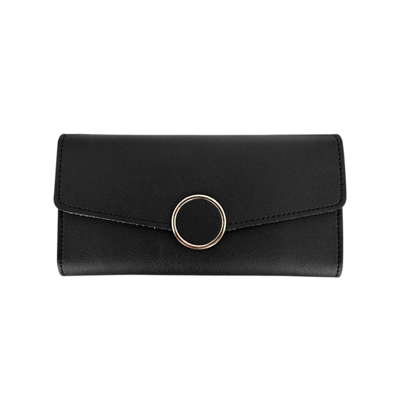 Women Long Pu Leather Zipper Metal Circle Decor Wallet