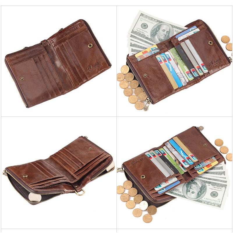 Genuine Leather Men's RFID Multi-Slot Short Wallet, Zipper Walet With Card Holders