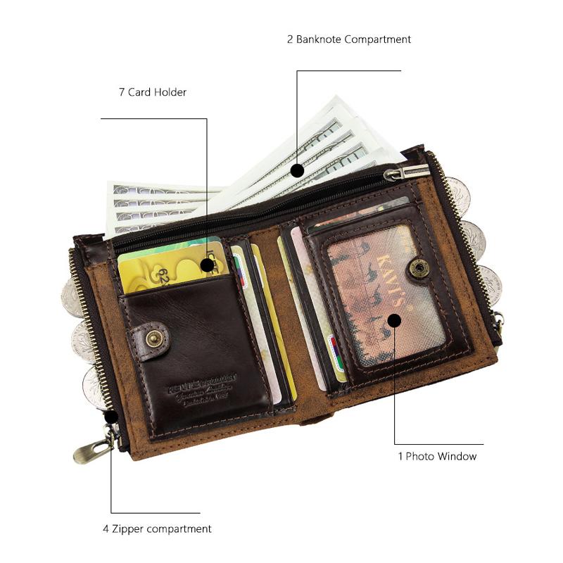 Men's Bifold Genuine Leather Wallet with Chain, Card Holder Purse with Zip Coin Pocket