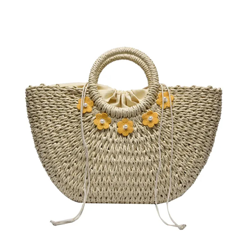 Flower Decor Large Capacity Shell Straw Bag