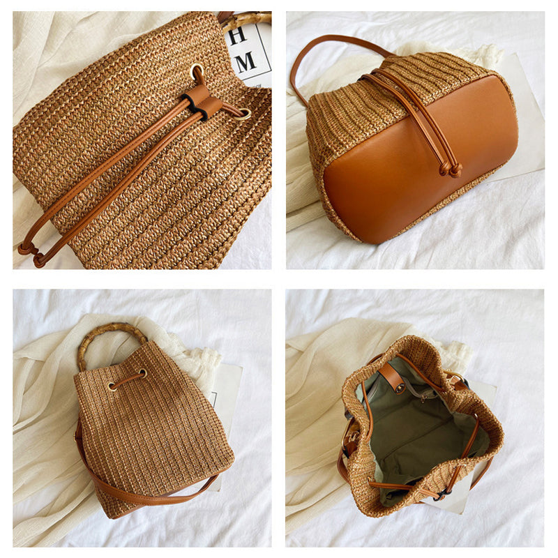 Women's Summer Rattan Straw Bucket Bag