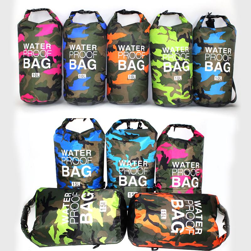 10/15L Camouflage Rafting Waterproof Dry Bags, Portable Swimming/Trekking PVC Storage Bag