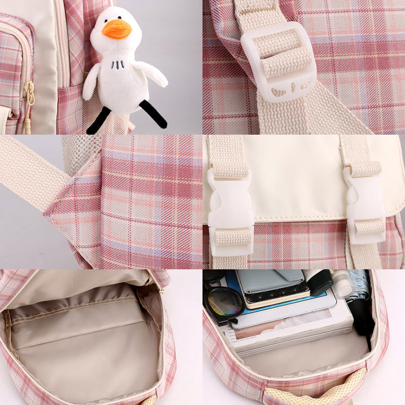 Large Capacity Plaid Schoolbag, Casual Nylon Backpack