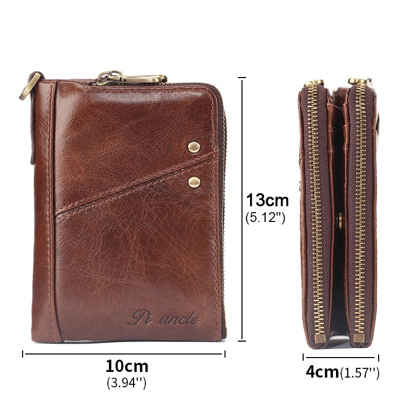 Genuine Leather Men's RFID Multi-Slot Short Wallet, Zipper Walet With Card Holders