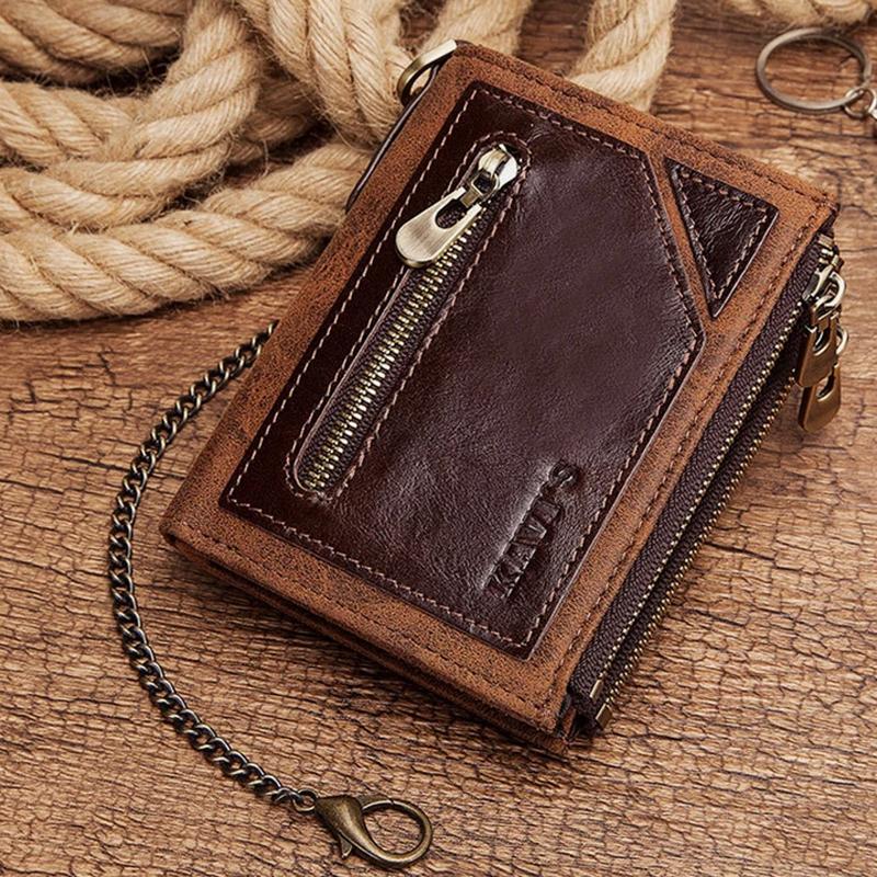 Men's Bifold Genuine Leather Wallet with Chain, Card Holder Purse with Zip Coin Pocket