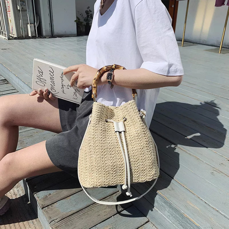 Women's Summer Rattan Straw Bucket Bag