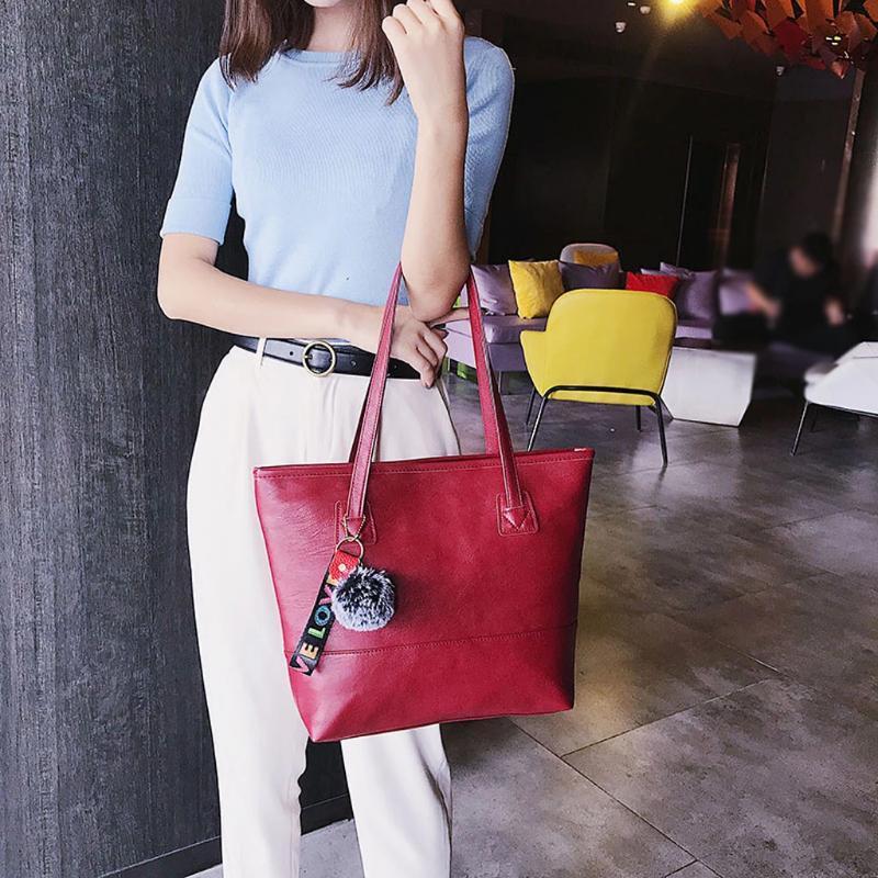 Women Leather Hairball Zipper Tote Solid Color Shoulder Bag