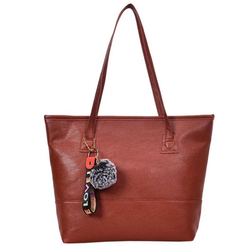 Women Leather Hairball Zipper Tote Solid Color Shoulder Bag