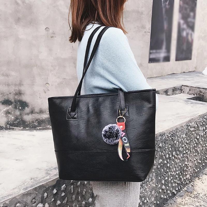 Women Leather Hairball Zipper Tote Solid Color Shoulder Bag