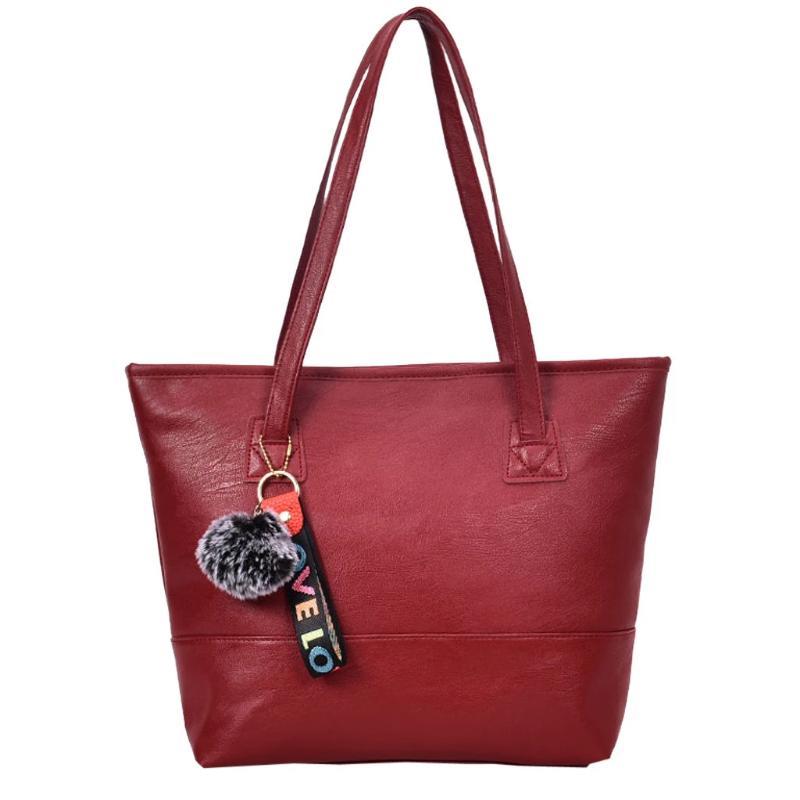 Women Leather Hairball Zipper Tote Solid Color Shoulder Bag