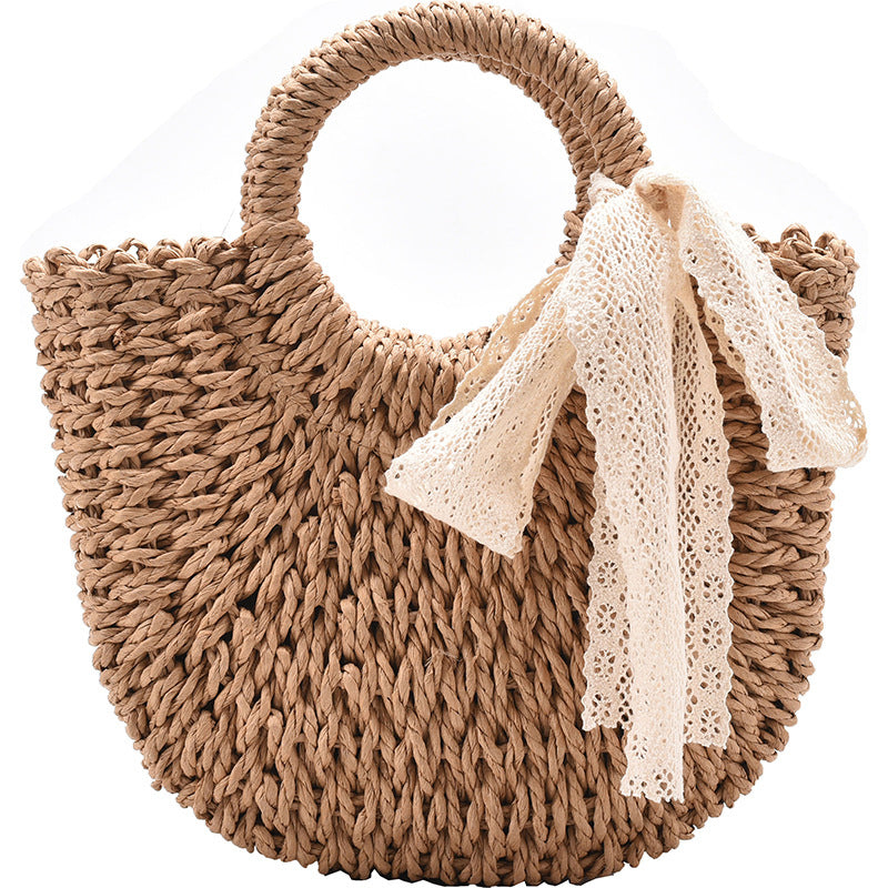 Women Moon Shape Lace Bow Rattan Shoulder Bag, Hand-Woven Beach Handbag