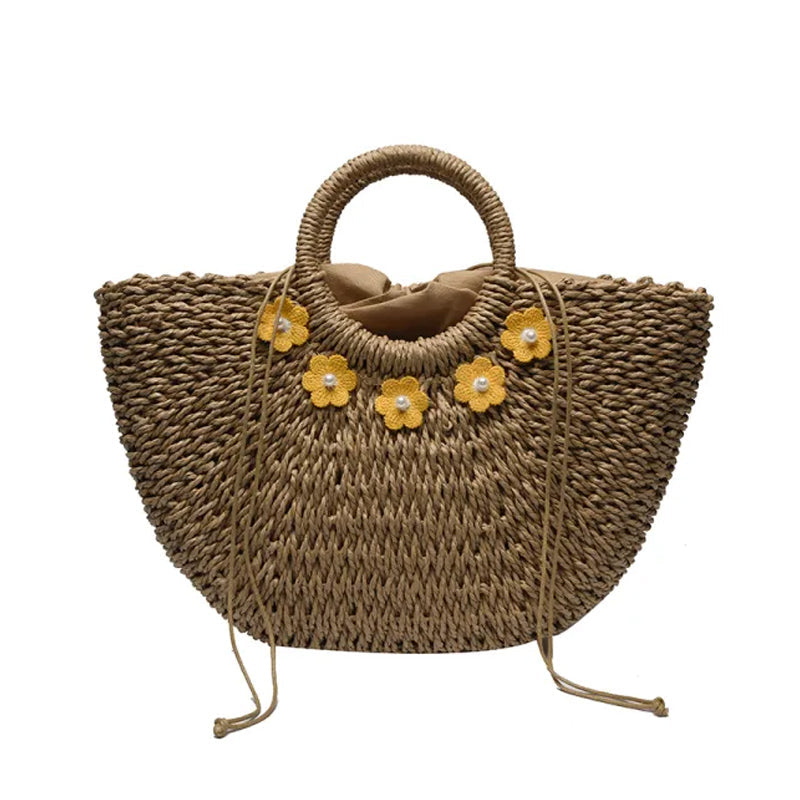 Flower Decor Large Capacity Shell Straw Bag