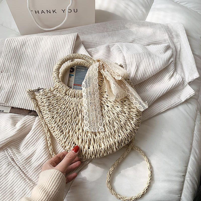 Women Moon Shape Lace Bow Rattan Shoulder Bag, Hand-Woven Beach Handbag